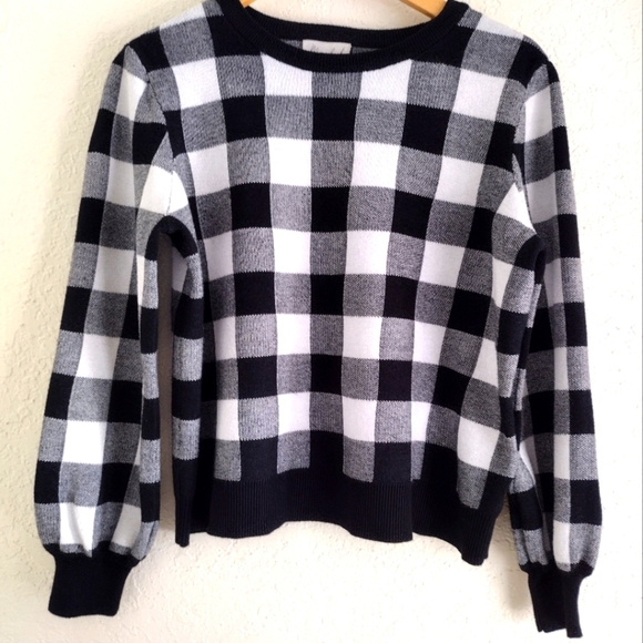 Marled Black And White Checkered Crewneck Pullover Sweater - Picture 2 of 6